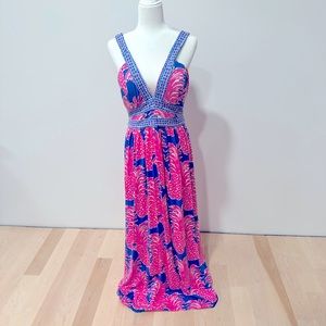 Lilly Pulitzer Maxi Dress in ‘Blue Haven Little Flamenco’ pattern.  Size 12